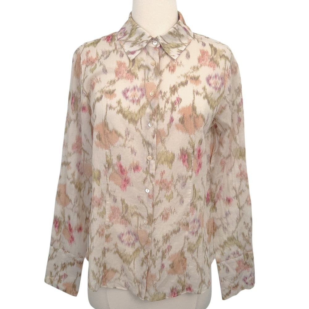 NWOT Rebecca Taylor Beige & Peach Watercolor Floral‎ Button Down Top- Size 6